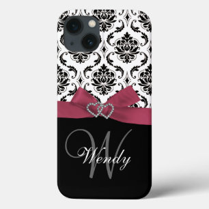 Personalised Initial, Pink, Black Damask Pattern iPhone 13 Case