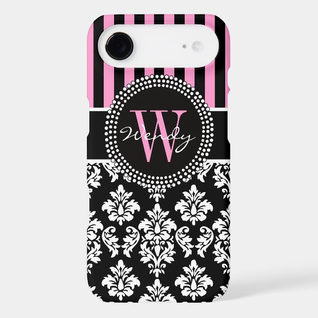 Personalised Initial Pink Black Damask Stripes Case-Mate iPhone Case (Back)
