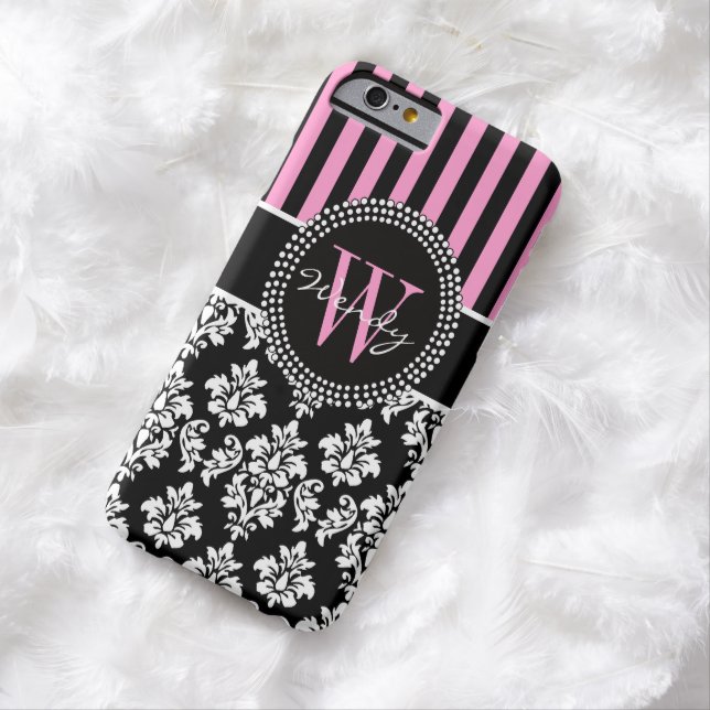 Personalised Initial Pink Black Damask Stripes Case-Mate iPhone Case (In Situ)