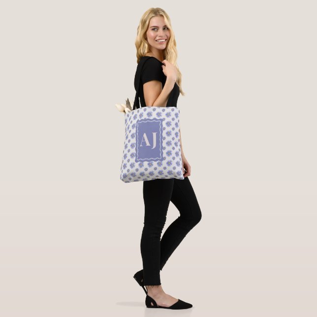 Personalised Initial Purple Aster Floral Tote Bag  (On Model)