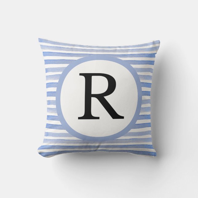 Personalised Initial “R” Casual Blue Stripes Cushion (Front)