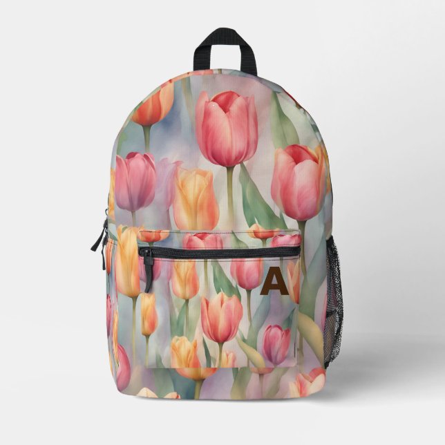 Personalised Initial Watercolor Tulip Flowers Back Printed Backpack (Front)