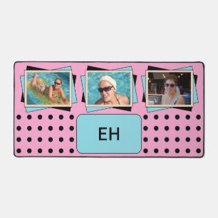 Personalised initials 3 photo polka dots pink desk mat