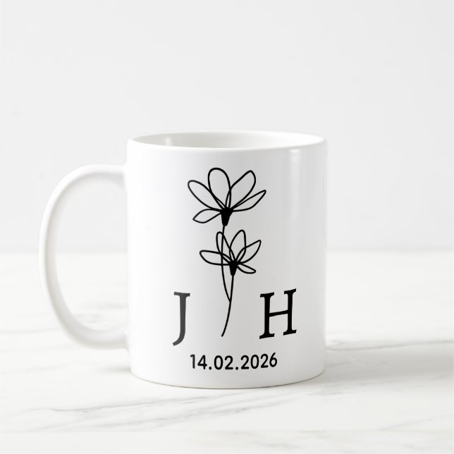 Personalised Initials, Date Floral Couple Initials Coffee Mug (Left)