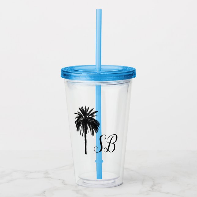 Personalised Initials Palm Tree Beach Island Acrylic Tumbler (Front)
