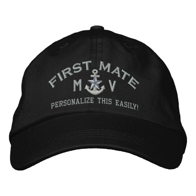 Personalised Initials Text First Mate Silver Star Embroidered Hat (Front)