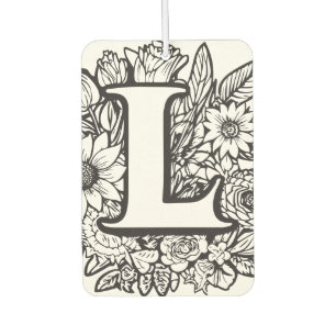 Personalised Ink Flower Monogram Black and White Car Air Freshener