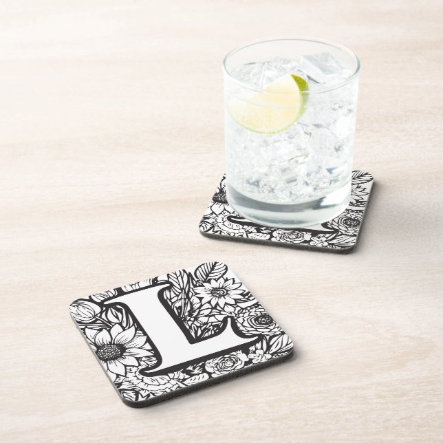 Personalised Ink Flower Monogram Black and White Coaster (Right Side)