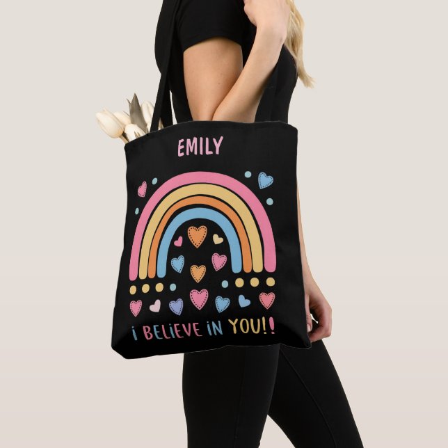 Personalised Inspirational Rainbow & Heart Tote Bag (Close Up)