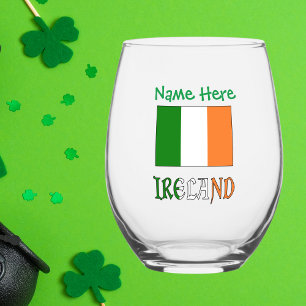 Personalised Ireland Flag Heritage Stemless Wine Glass