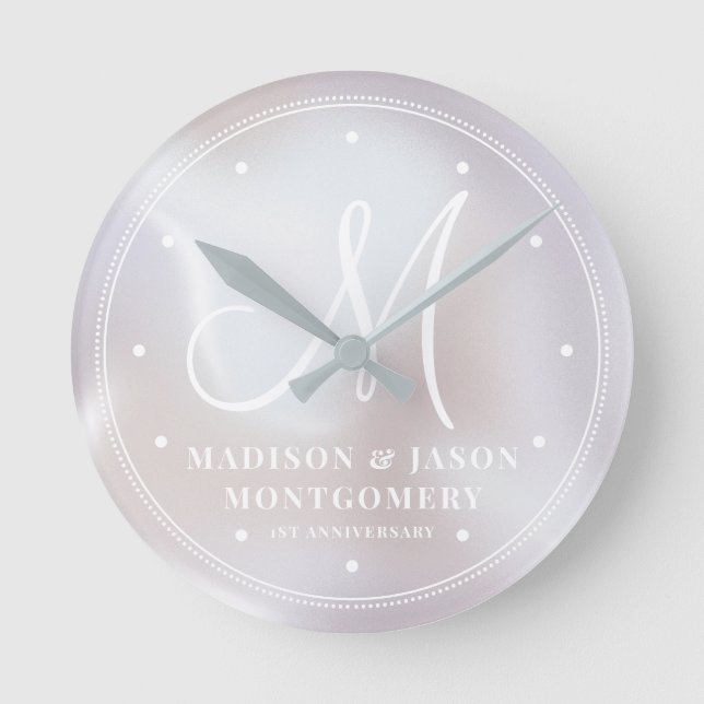 Personalised Iridescent Pearl Wedding Anniversary Round Clock (Front)