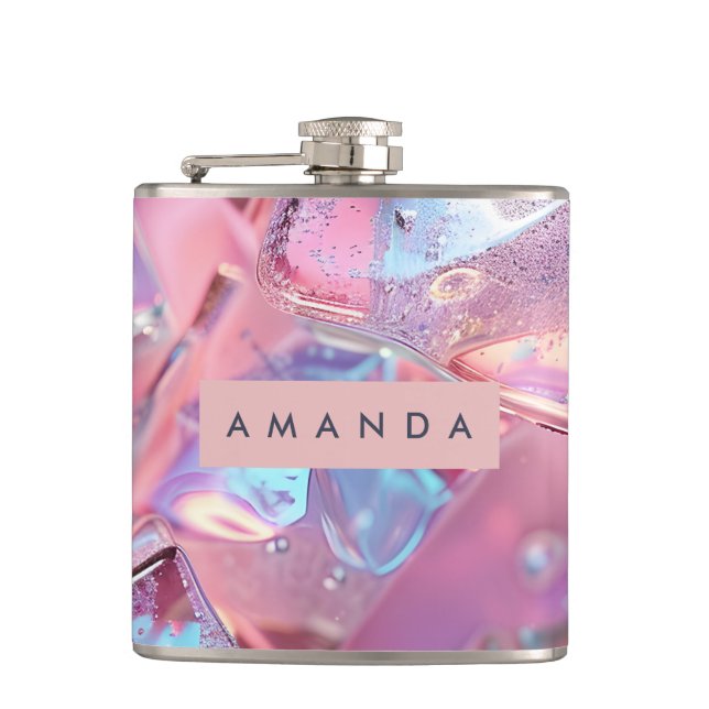 Personalised Iridescent Pink Ice with Shimmer Hip Flask (Front)