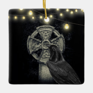Personalised Irish Celtic Cross and Crow Morrigan Ceramic Ornament