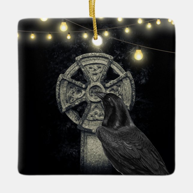 Personalised Irish Celtic Cross and Crow Morrigan Ceramic Ornament (Front)
