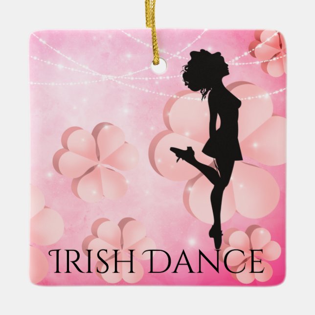 Personalised Irish Dance Pink Shamrocks Christmas Ceramic Ornament (Front)