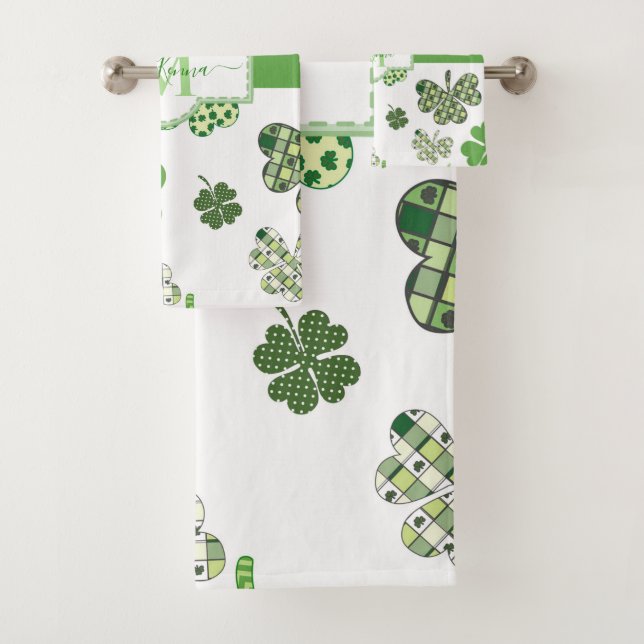 Personalised Irish Green Clover St Patrick's Bath Towel Set (Insitu)