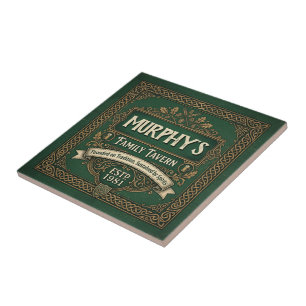 Personalised Irish Pub Family Tavern Vintage Green Ceramic Tile