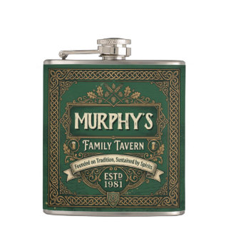 Personalised Irish Pub Family Tavern Vintage Green Hip Flask