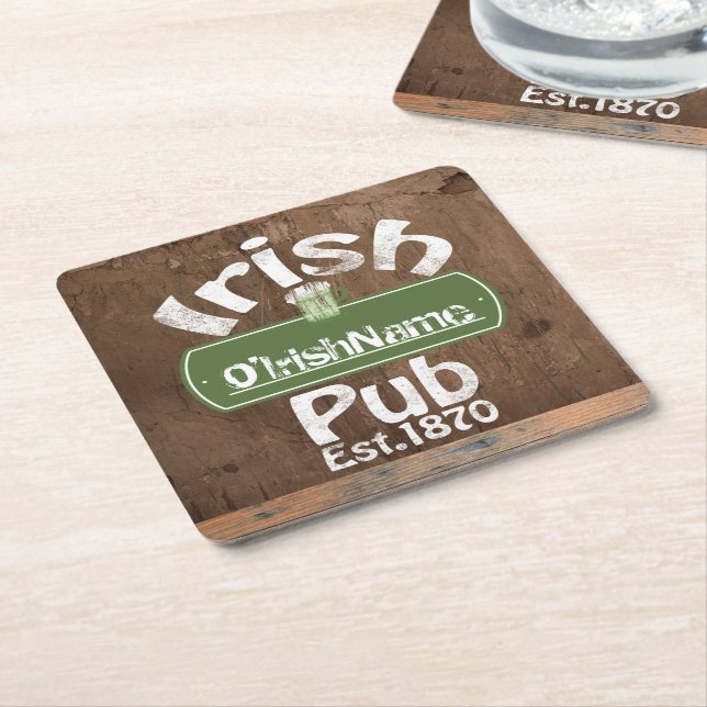 Personalised Irish Pub Old Keg Effect Sign Square Paper Coaster (Angled)