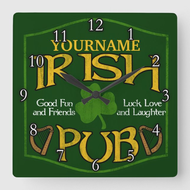 Personalised Irish Pub Sign Square Wall Clock (Front)