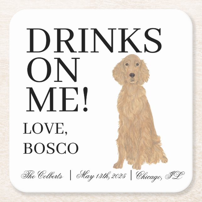 Personalised Irish Setter Dog Wedding Square Paper Coaster (Front)