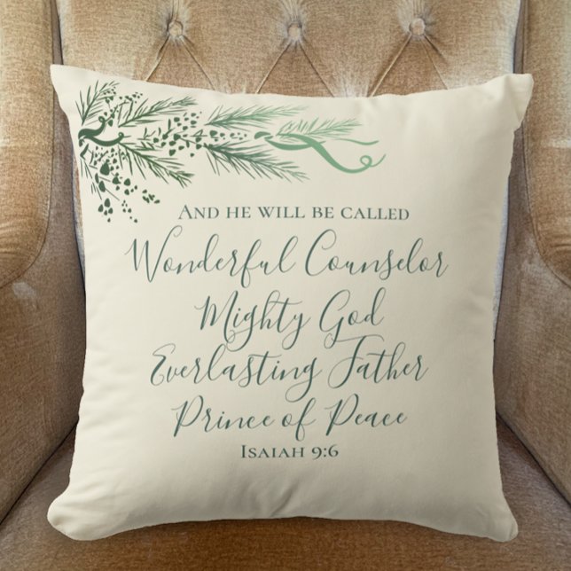 Personalised Isaiah 9:6 Modern Pine Christmas Deco Cushion (Isaiah 9:6 Prince of Peace Bible Verse with modern green pine and elegant script.  Christmas Decor.)