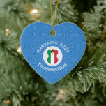 Personalised Italian Angel Flag Hanukkah Flag  Ceramic Ornament<br><div class="desc">An angel dressed in the green, white, and red tricolor flag of Italy shows on a heart shaped ceramic ornament for holiday and Hanukkah decor. Designed for families of multiple religions, this Italian flag Hanukkah angel is inside a white circle of squiggly squares, surrounded by a background of blue squiggly...</div>