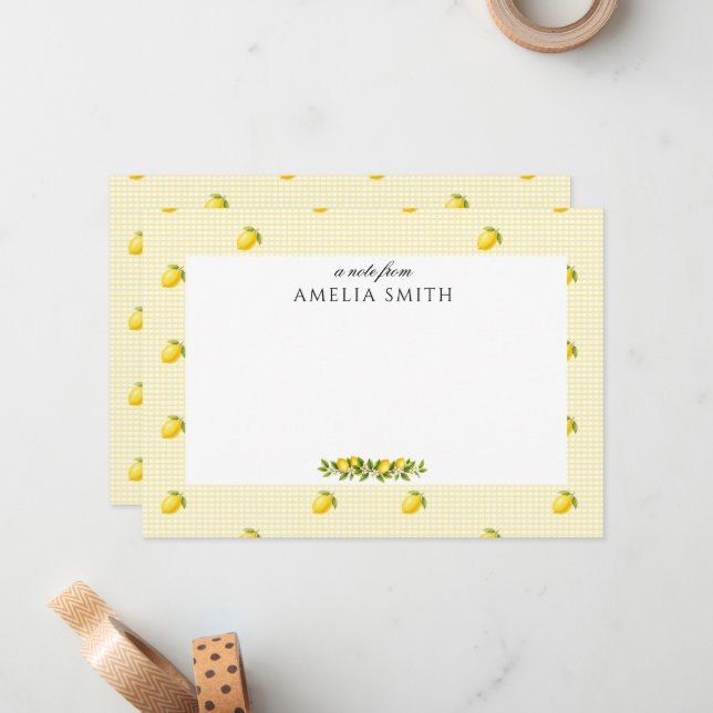 Personalised Italian Lemon Gingham Notecard (Front/Back In Situ)