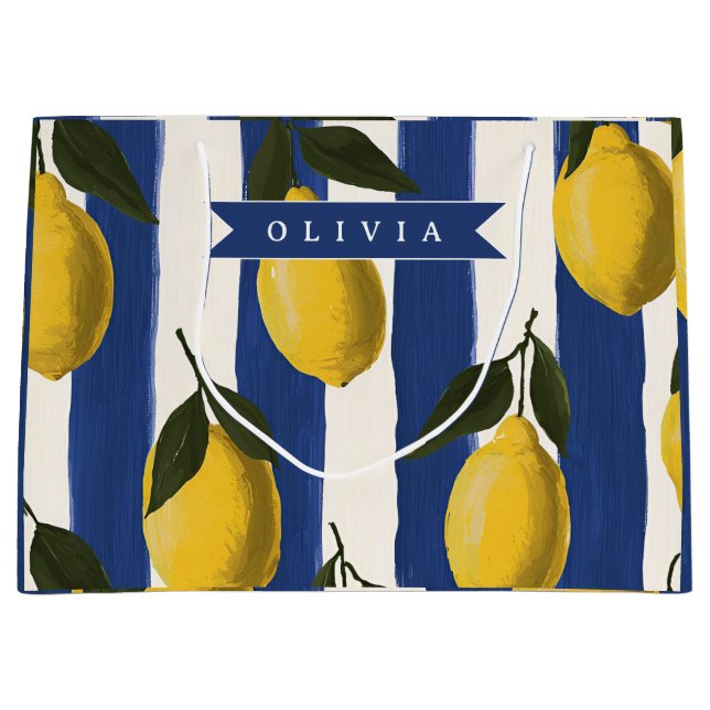 Personalised Italian Lemon Stripe Coastal  Large Gift Bag (Front)