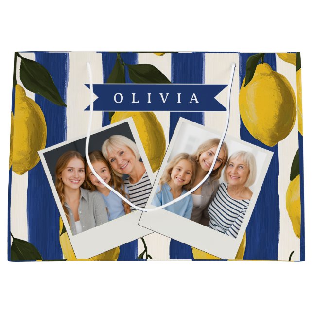 Personalised Italian Lemon Stripe Coastal  Large Gift Bag (Front)