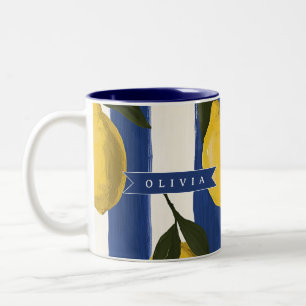 Personalised Italian Lemon Stripe Coastal Two-Tone Coffee Mug