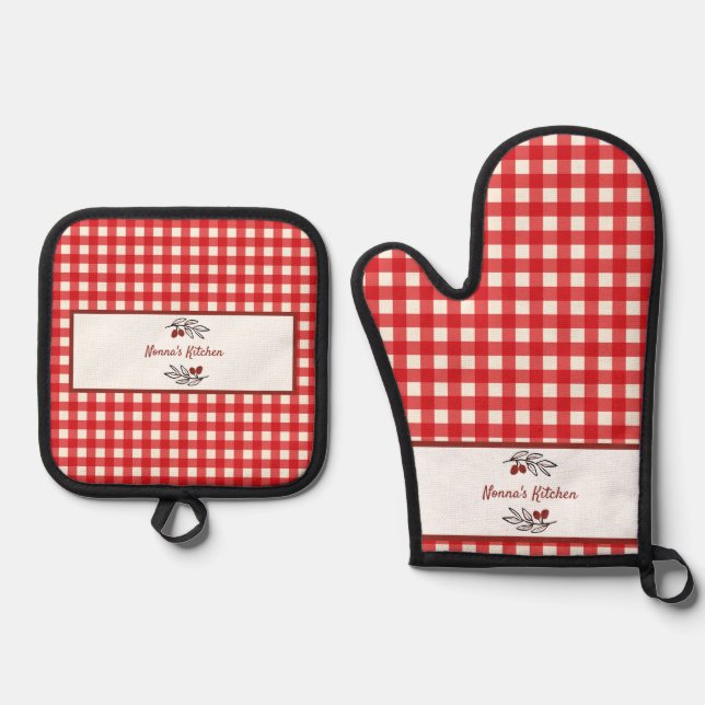 Personalised Italian Red Gingham Cooking  Oven Mitt & Pot Holder Set (Front)