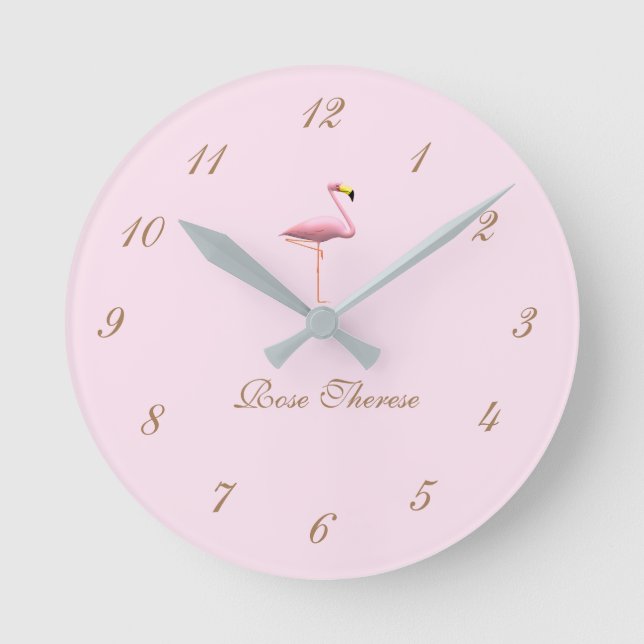 Personalised It's a Girl Pink Flamingo Themed Roun Round Clock (Front)