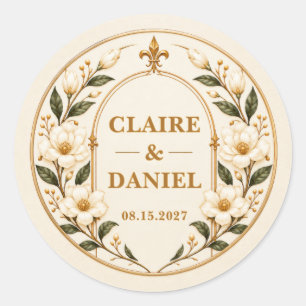 Personalised Ivory and Gold Botanical Wedding Classic Round Sticker