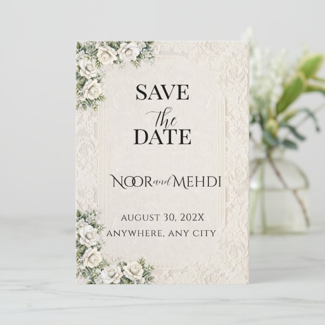 Personalised Ivory Blossom Islamic Wedding Save The Date (Standing Front)
