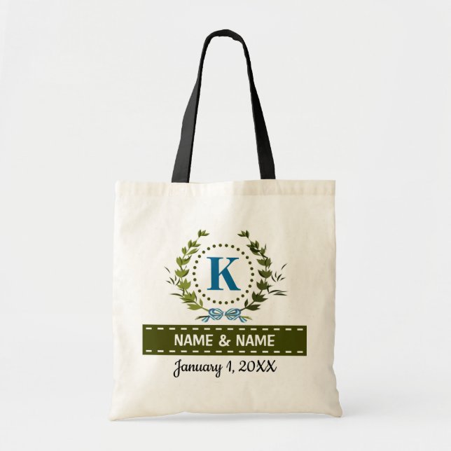 Personalised Ivy Wreath Wedding Date Monogram K Tote Bag (Front)