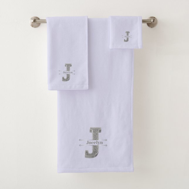 Personalised J Initial Silver Monogram Your Name   Bath Towel Set (Insitu)