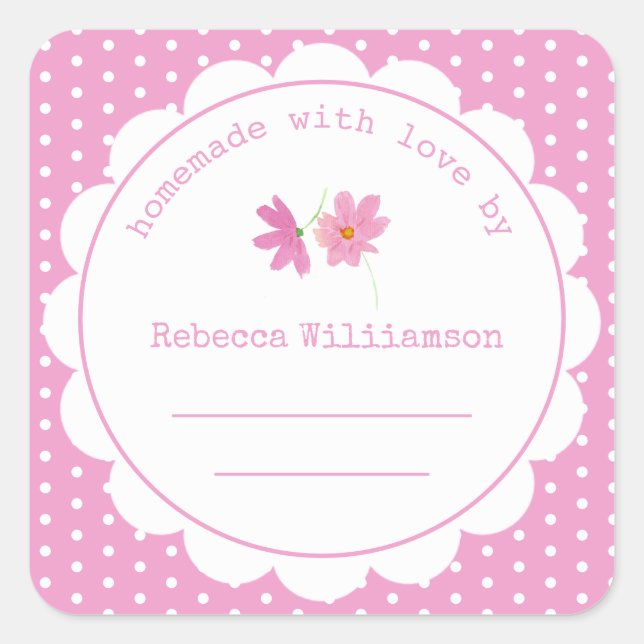 Personalised Jam Canning | Homemade Pink Polka Dot Square Sticker (Front)