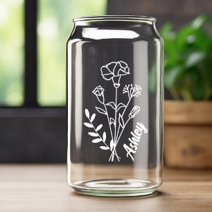 Personalised January Birth Flower Carnations White Can Glass