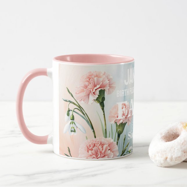 Personalised January Birth Month Flower Christian  Mug (With Donut)