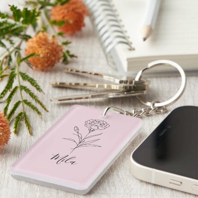 Personalised January Carnation Birth Flower  Key Ring (Front Right)