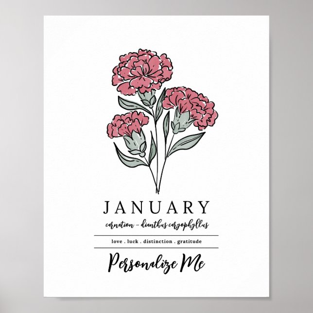 Personalised January Carnation Birth Flower Poster (Front)