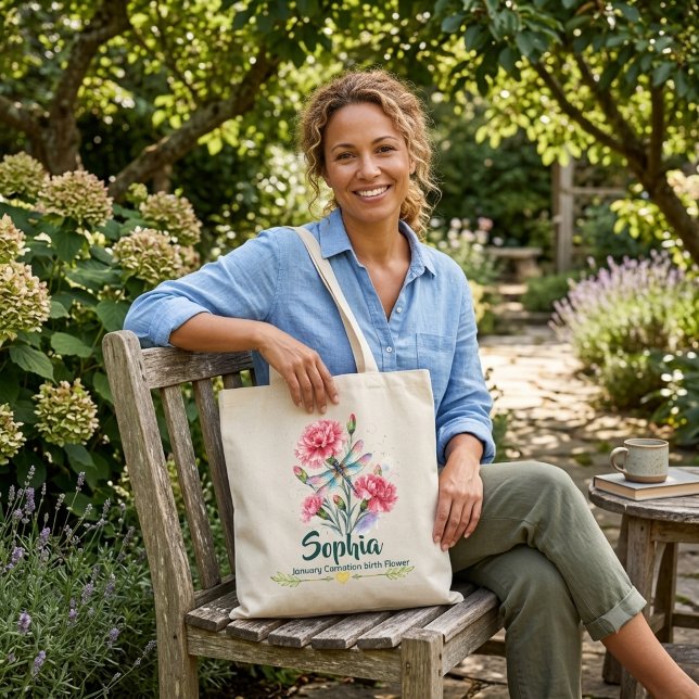 Personalised January Carnation Dragonfly Tote Bag (Creator Uploaded)