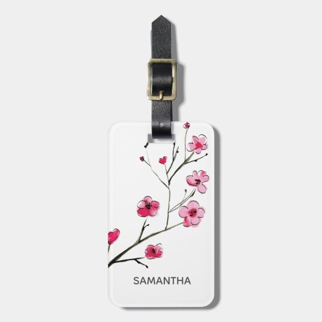 Personalised Japanese Cherry Blossom Illustration Luggage Tag (Front Vertical)