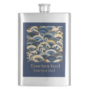 Personalised Japanese Seigaiha Wave, Navy & Gold Hip Flask
