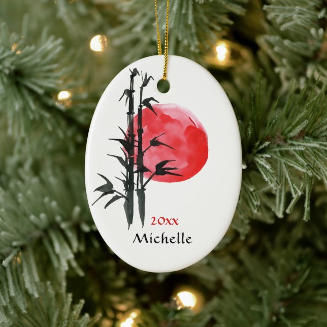 Personalised Japanese Sun and Bamboo Christmas Ceramic Ornament (Tree)