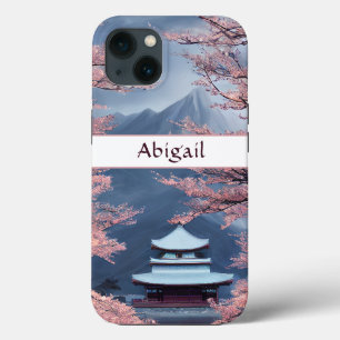 Personalised Japanese Temple, Cherry Blossoms iPhone 13 Case