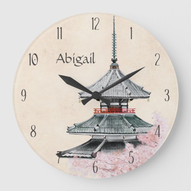 Personalised Japanese Temple Cherry Blossoms Japan Large Clock (Front)