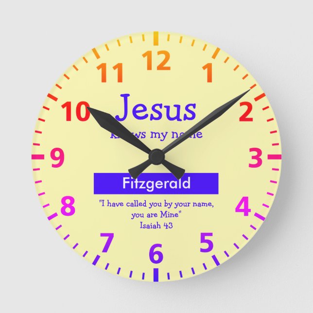 Personalised JESUS KNOWS MY NAME Cute Yellow Kids Round Clock (Front)