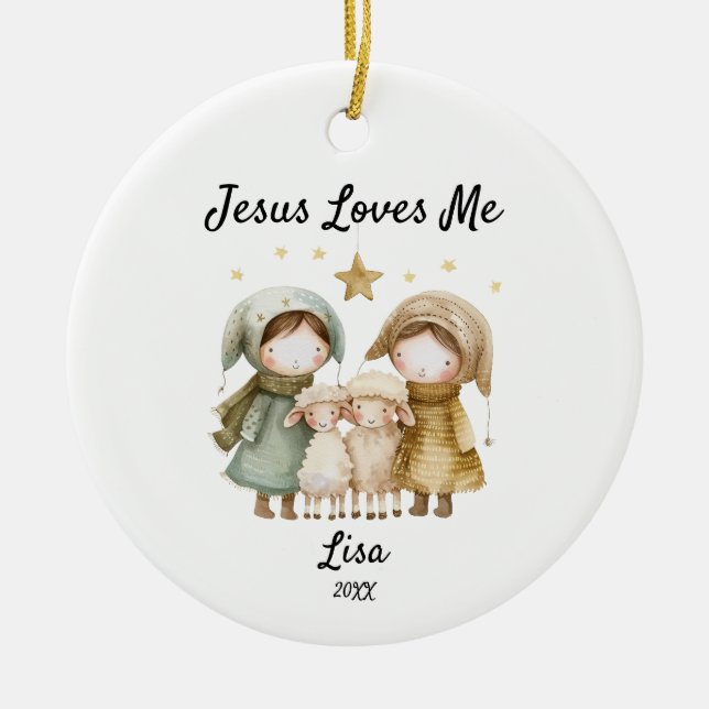 Personalised Jesus Loves Me Kids Christmas Sheperd Ceramic Ornament (Front)